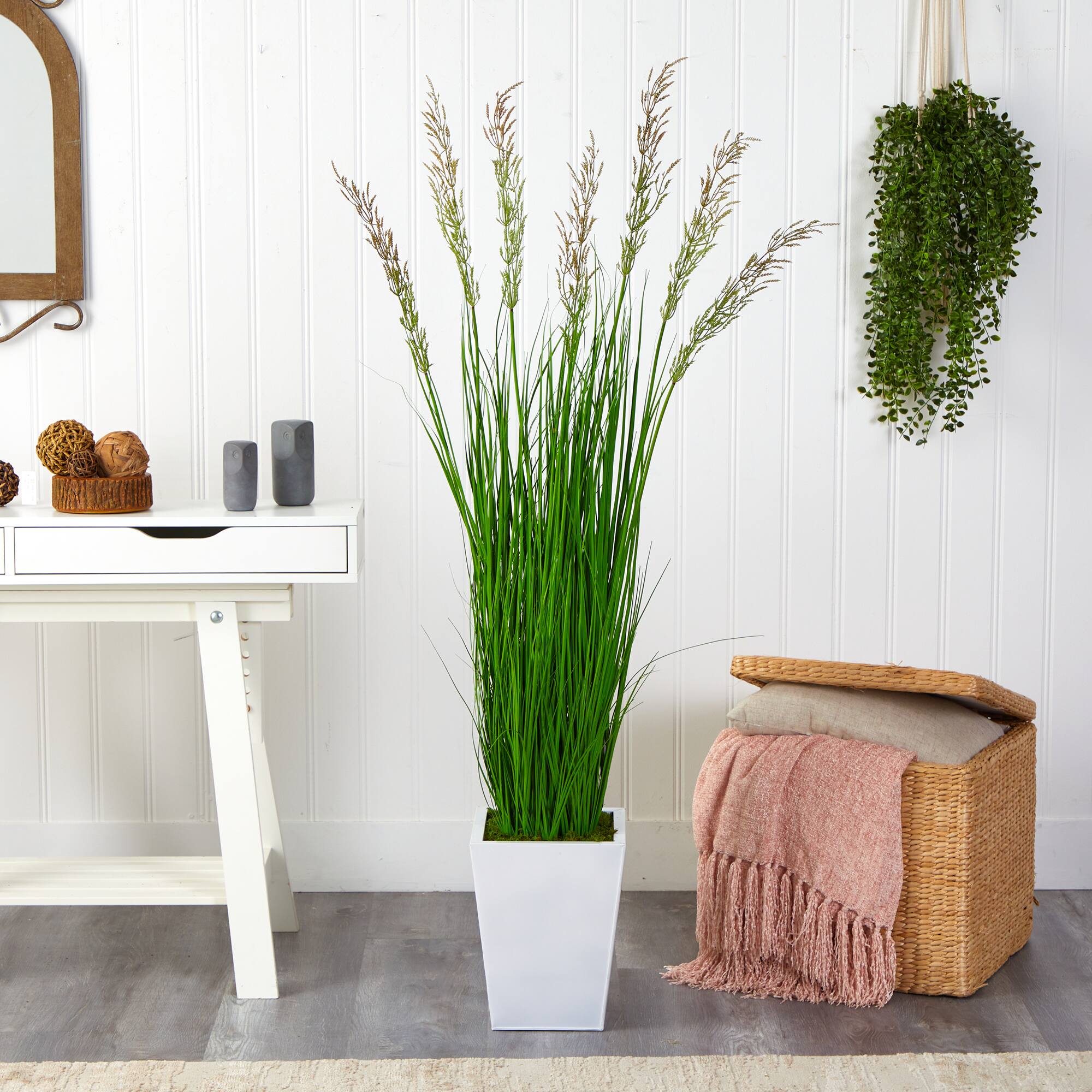 5ft. Wheat Grass Artificial Plant in White Metal Planter
